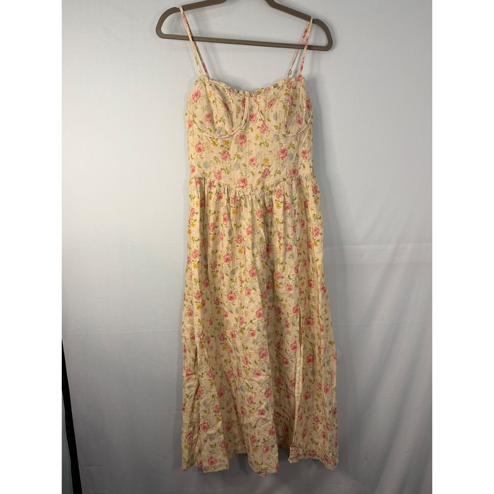 Storia Floral Bustier Maxi Dress Womens Large Cream Pink Cotton LaceUp Back Slit